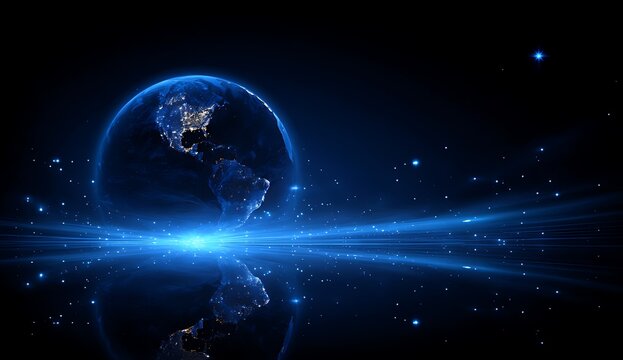 A stunning view of earth from space illuminated with bright energy beams