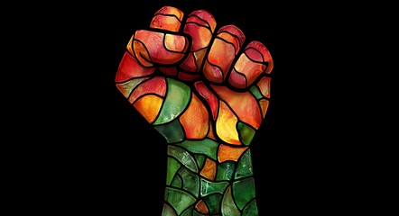 A stained glass style clenched fist rising against a dark background