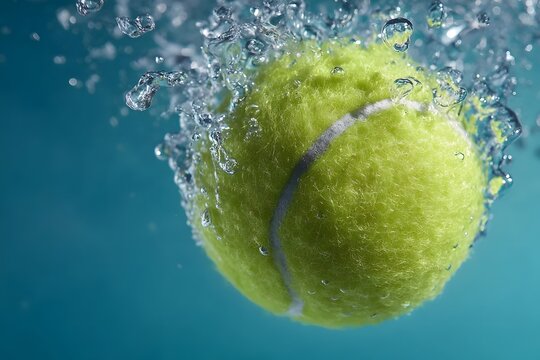 A yellow tennis ball sinks through clear water.