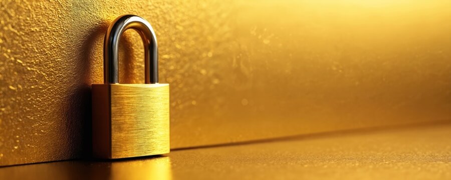 Golden padlock on shiny gold background represents security. Brass lock protection, privacy, wealth. Closed object for safety concepts like data encryption, passwords, financial success. Plenty of