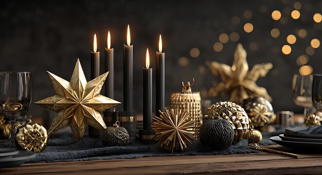 Elegant golden christmas decorations with black candles on a dark table setting
