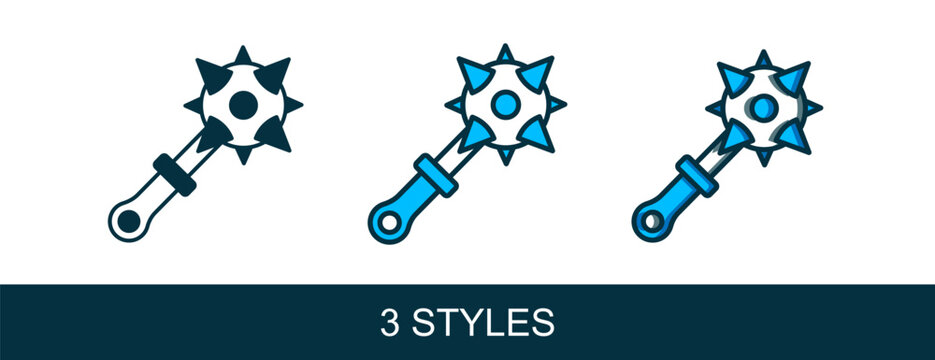 Filled outline Medieval chained mace ball icon isolated on white background. Morgenstern medieval weapon or mace with spikes. Vector