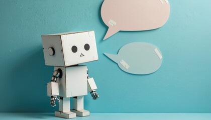 White cardboard robot toy stands near empty speech bubbles. Robot with simple face looks thoughtful, maybe waiting for a message. Futuristic concept photo.