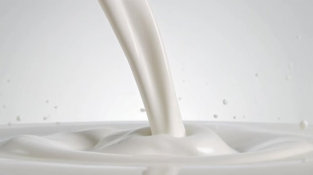 Close-up of white liquid being poured into a container with a smooth, creamy texture against a clean white background.