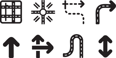 Roadmap Navigation and Direction Icons Set Traffic Route Intersection Path and Arrow Symbols