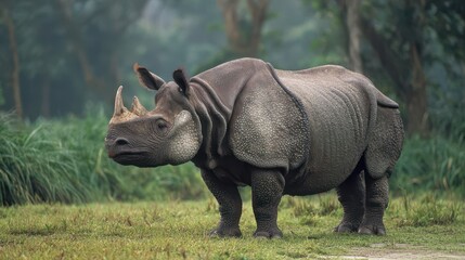 Obraz premium Majestic Adult Sumatran Rhinoceros Standing Gracefully on Lush Grass in the Wilds of Indonesia