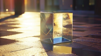 Abstract Glass Cube Reflecting Light on Pavement at Night.