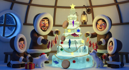 Happy Eskimo family wearing warm parkas decorates a glowing ice Christmas tree with fish and ornaments inside a cozy igloo with pets.