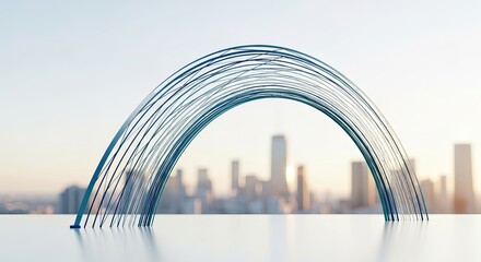 Elegant blue archway framing a vibrant city skyline at sunset, perfect for modern business branding and sleek technology designs, conveying innovation