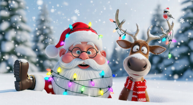Cheerful Santa and his silly reindeer are tangled in colorful Christmas lights, surrounded by snow and winter holiday joy. - Powered by Adobe