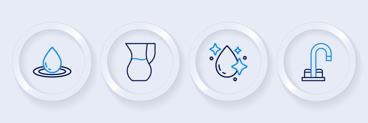Set line Water tap, drop, Jug glass with water and icon. Vector