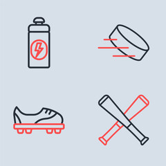 Set line Hockey puck, Football shoes, Crossed baseball bat and Fitness shaker icon. Vector