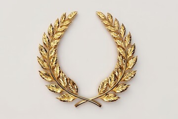 A 3D render of a golden laurel wreath. Isolated on a plain white background. Symbol of victory, achievement, winner, and high ranking quality.