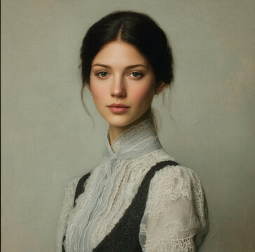 Timeless classical portrait of a woman in Victorian-inspired clothing, neutral elegant tones, fine brushstroke detail, soft diffused lighting