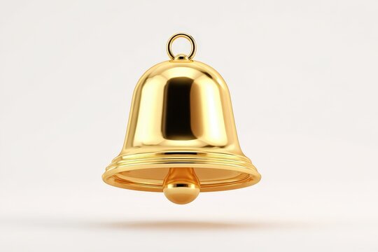 A 3D render of a golden notification bell icon floating. Isolated on a plain white background. Concept of alert, reminder, subscription, and update.