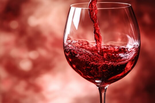 A glass of red wine is being poured into a wine glass against a blurred background of red and pink bokeh lights.