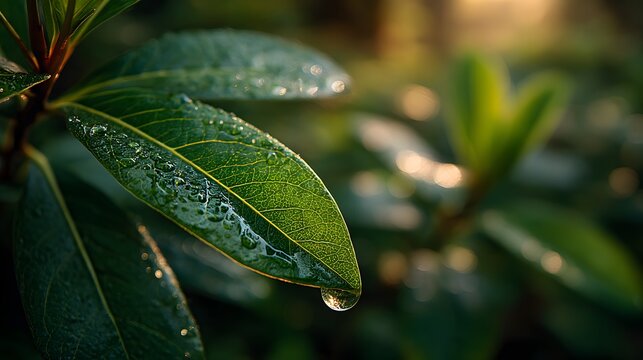 Photorealistic close-up of a vibrant green konjac leaf holding a single perfect dewdrop, backlit by the golden hour sun through a majestic oak.