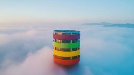 Colorful Stacked Discs Floating Above Clouds - A Dreamlike Composition.