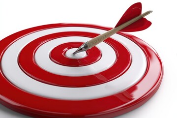 A 3D render of a red and white target bullseye with a single arrow hitting the center. Isolated on a plain white background. Concept of goals, focus, and accuracy.
