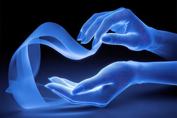 Pair of glowing blue hands gracefully hold translucent ribbon, creating sense of elegance and mystery against dark background. ethereal light adds futuristic touch