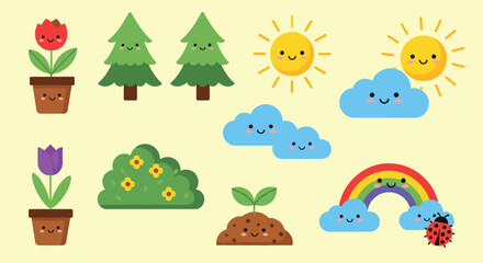 Fototapeta premium Cheerful cartoon nature scene with flowers, trees, sun, clouds, rainbow, ladybug, and plants in a cute and colorful design.