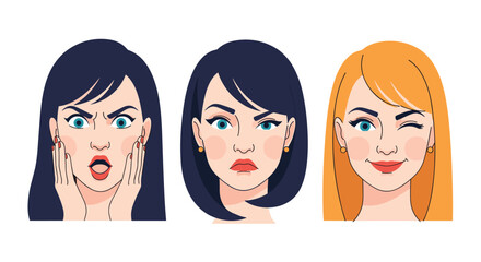 Three women showing different emotions: surprised, angry, and happy-winking, expressing a range of feelings and reactions.