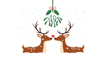 Charming Christmas illustration featuring two deer nose-to-nose under mistletoe, creating a festive and romantic holiday season moment.