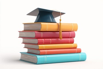 A 3D render of a stack of books with a graduation cap on top. Isolated on a plain white background. Concept of education, learning success, and university.