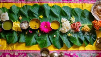 A rich spread of traditional Indian dishes is beautifully arranged on large banana leaves. Colorful flowers add charm to the setting during a festive celebration with friends and family