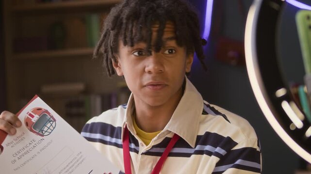 Medium close up shot of young African American boy vlogging on smartphone camera about sports certificate and trophy at home