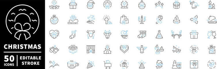 Christmas icons set. editable line icons for holiday, gifts, and celebration