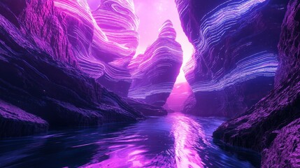 Surreal Canyon Landscape with Vibrant Purple and Pink Illumination.