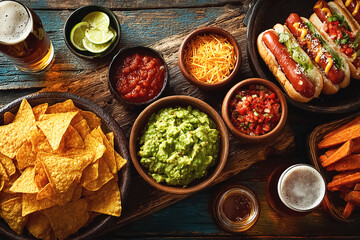 Flat lay of appetizers and drinks, platters of wings, nachos, bowls of dips, beer bottles and glasses. Sports-watching snacks