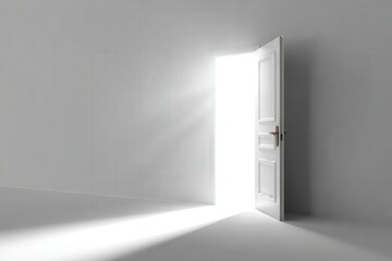 A 3D render of an open door with bright light coming through. Isolated on a plain white background. Concept of new opportunities, career path, and future success.