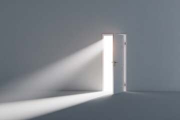 A 3D render of an open door with bright light coming through. Isolated on a plain white background. Concept of new opportunities, career path, and future success.