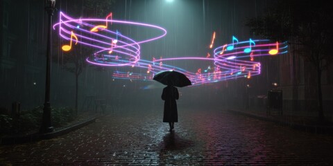 Naklejka premium Silhouette of person with umbrella and neon musical notes on rainy night street
