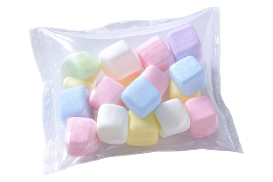 Pastel marshmallows inside transparent plastic bag tilted on transparent background