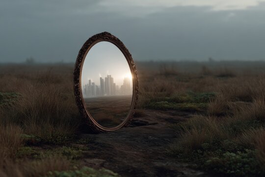 Surreal mirror in desert reflecting cityscape at dawn