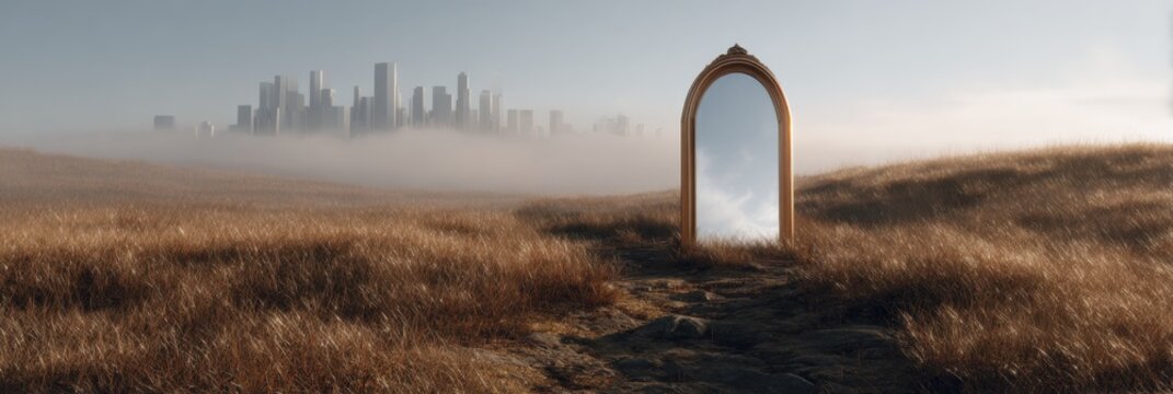 Surreal landscape with mirror reflecting cityscape on foggy field