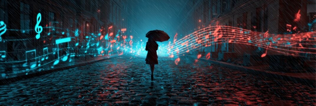 Female silhouette with umbrella in musical rain on cobblestone street at night