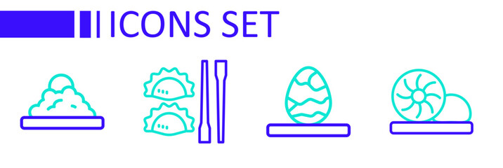 Set line Xiao long bao, Chinese tea egg, Dumpling with chopsticks and Rice bowl icon. Vector