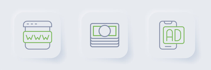 Set line Advertising, Stacks paper money cash and Browser window icon. Vector