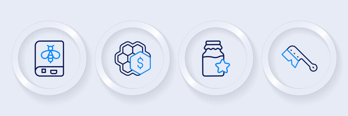 Set line Beekeeping brush, Jar of honey, Sale honeycomb and Book about bee icon. Vector