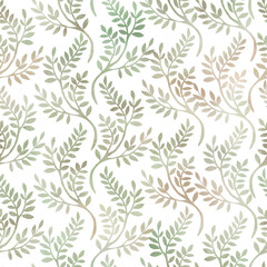 A seamless companion pattern with delicate green and beige branches. Watercolor illustration for interior design, apparel and fabric printing, project design, and packaging.