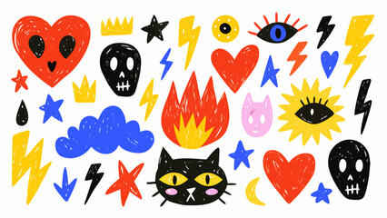 Naklejka premium Punk cartoon doodle sticker collection with pencil rough texture. Hand drawn colorful vector tattoo illustrations. Funky black cats, rock'n'roll skulls, mystical eyes.
