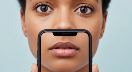 Young black woman holding smartphone in front of her face indoors