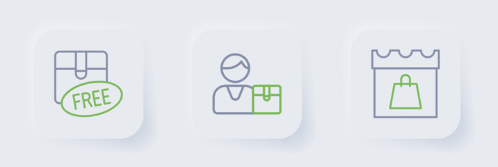 Set line Shopping day, Buyer and Cardboard box with free symbol icon. Vector