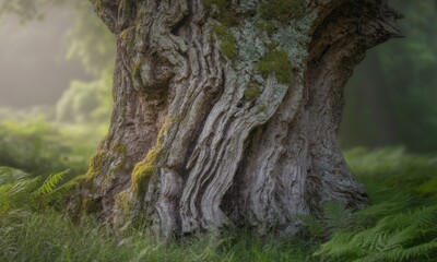 Fototapeta premium A weathered tree trunk rises from the ferns in a blurred forest. Soft light and green foliage surround