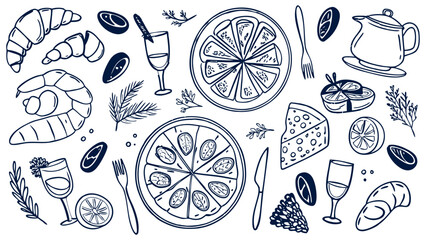 Vintage hand-drawn French bistro food illustration, with croissants, baguettes, cheese platters, wine glasses, escargot, and a pot of mussels.