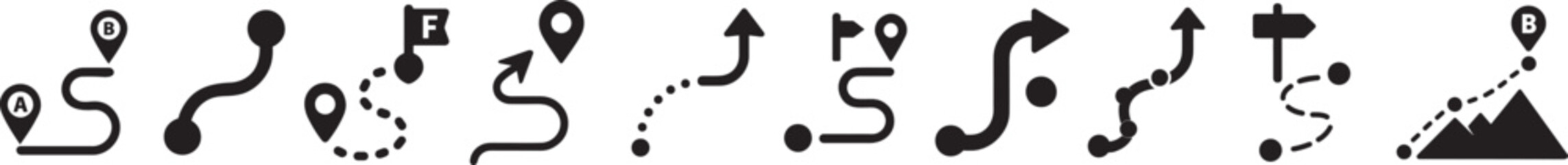 Silhouette route icon set featuring paths, directions, location lines, and travel symbols.